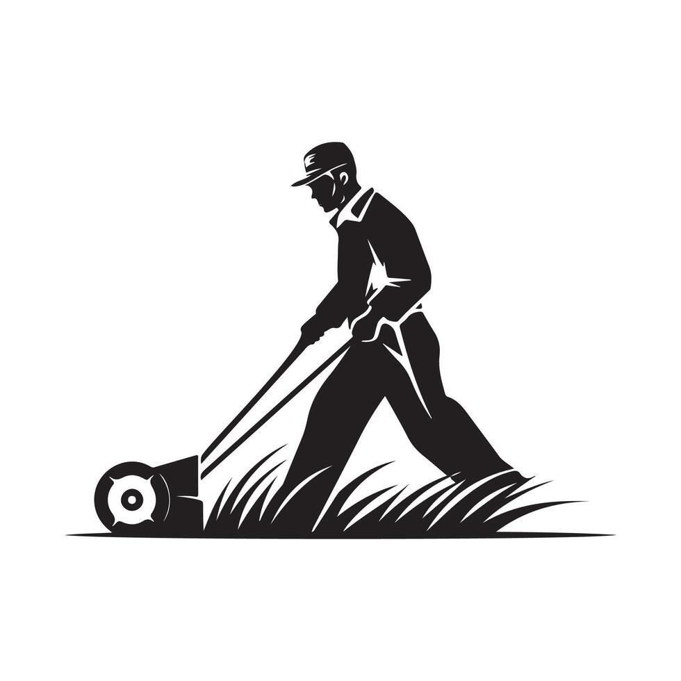 Man with Lawn Mower Isolated on White Background. Isolated Lawn Mowing Cutting Grass vector