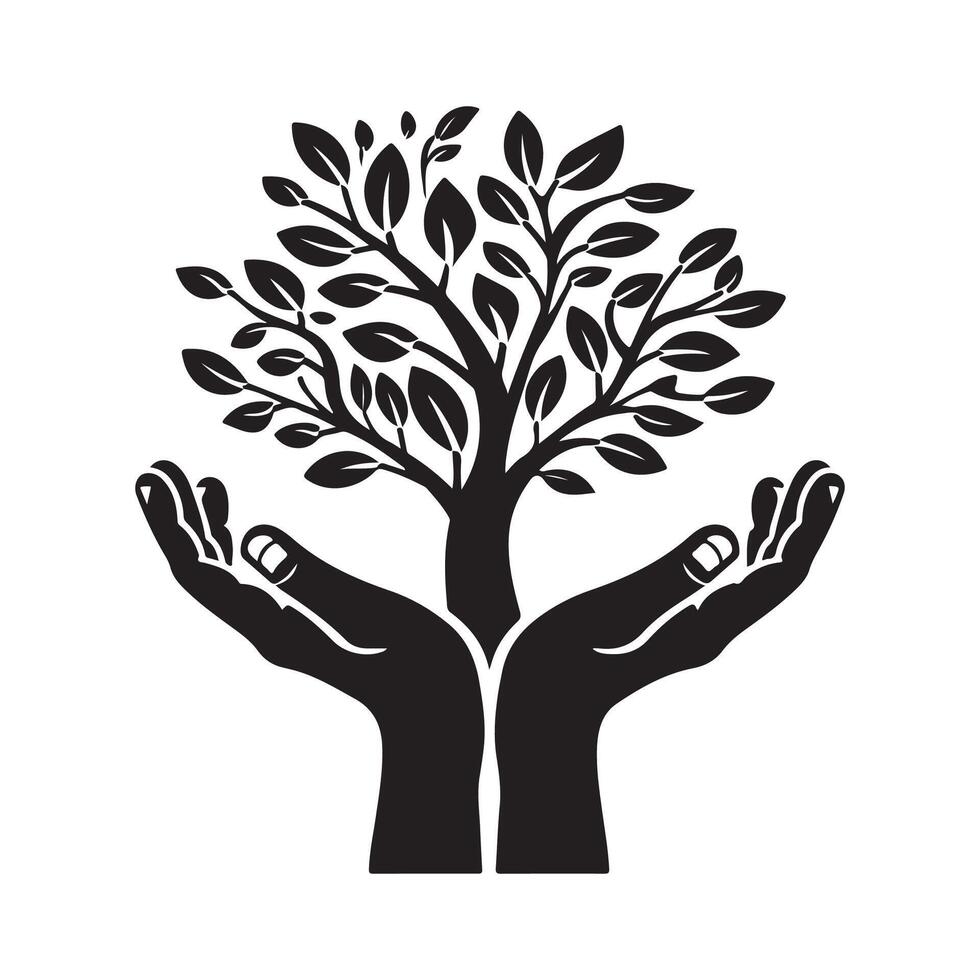 Human hands and tree with green leaves. Logo, symbol, icon, illustration, template, design vector