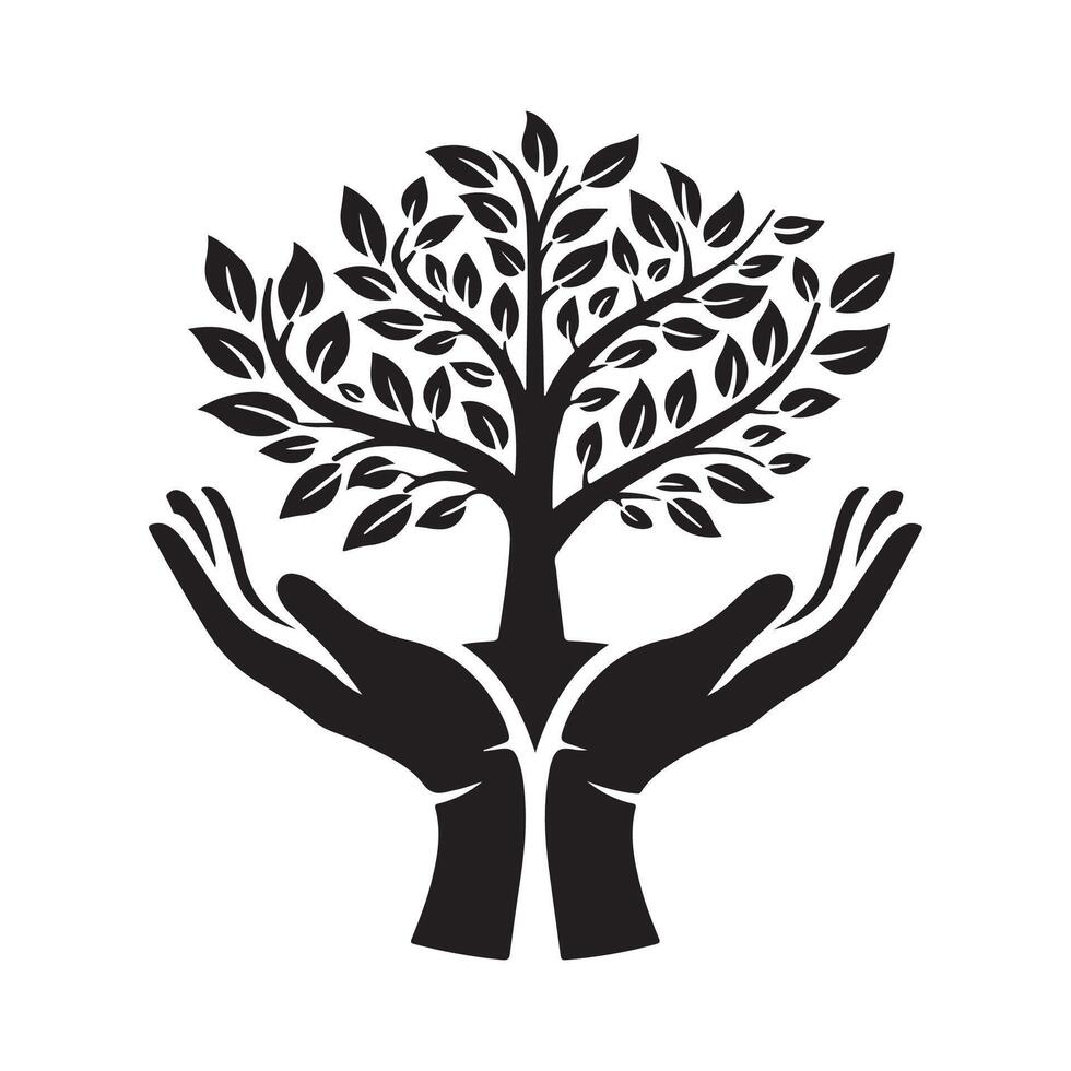Human hands and tree with green leaves. Logo, symbol, icon, illustration, template, design vector