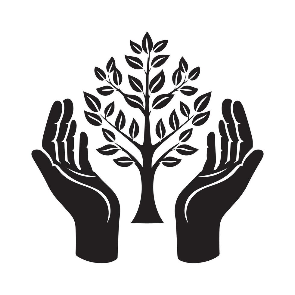 Human hands and tree with green leaves. Logo, symbol, icon, illustration, template, design vector