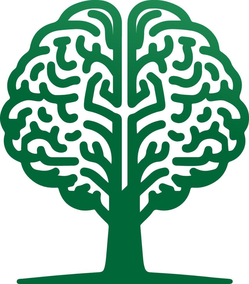 A set of green logos featuring brain-shaped trees with roots and leaves vector