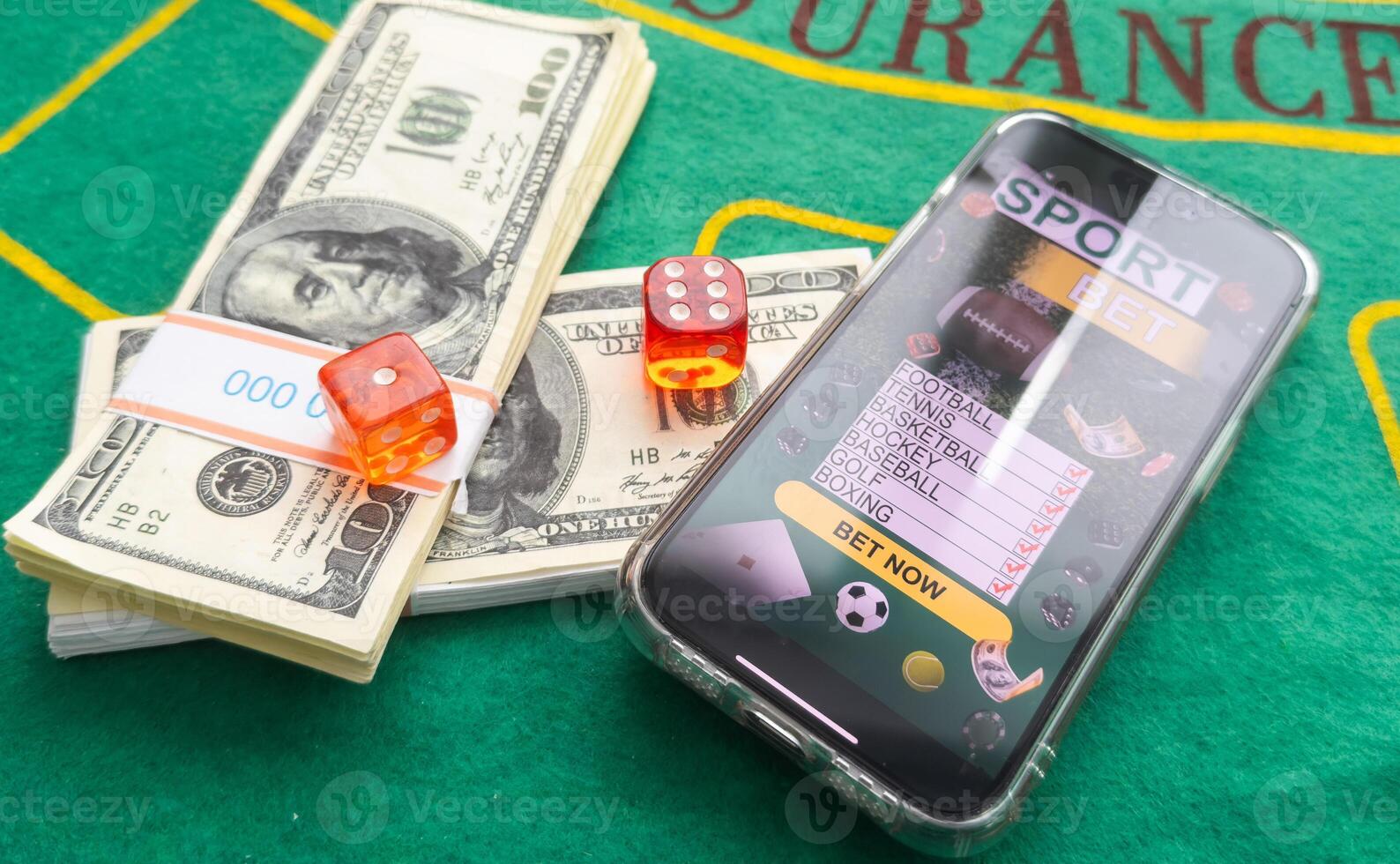 Gambling online casino Internet betting concept green screen. smartphone with poker chips, dice. Jackpot, casino chips. photo