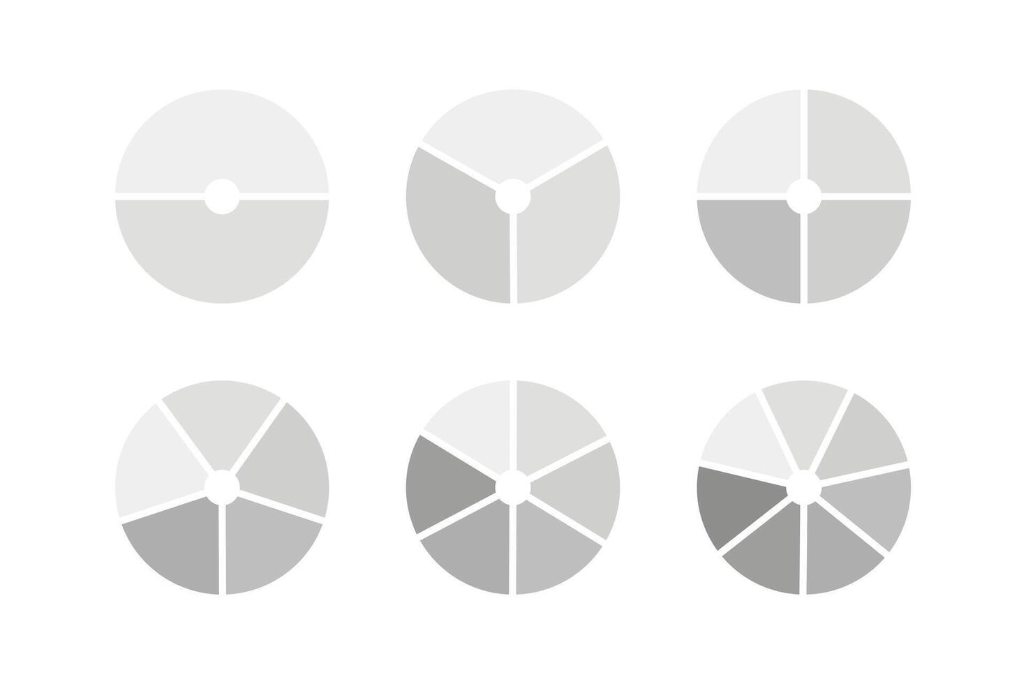 Circle division on 2, 3, 4, 5, 6, 7 equal parts. Round divided diagrams with two, three, four, five, six, seven segments. Set of infographic. Coaching tool. Wheel life blank diagram. vector