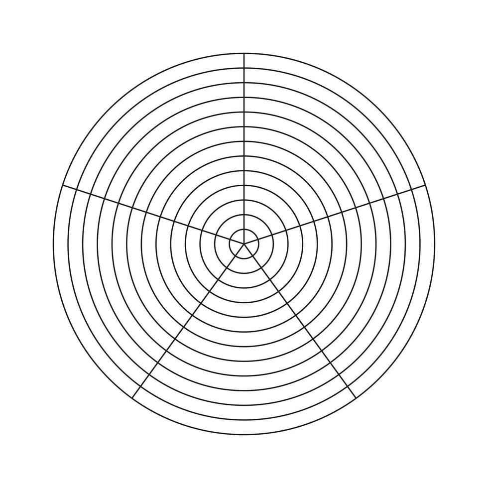 Coaching tool. Wheel of life template. Polar grid of 5 segments and 12 concentric circles. Circle diagram of lifestyle balance. Graphic blank polar graph paper. vector
