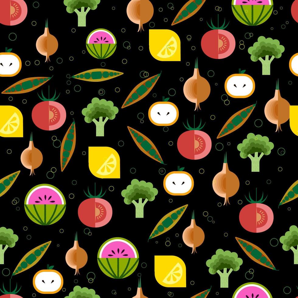 seamless pattern of colorful stylized icons of vegetables and fruits of various shapes and sizes vector