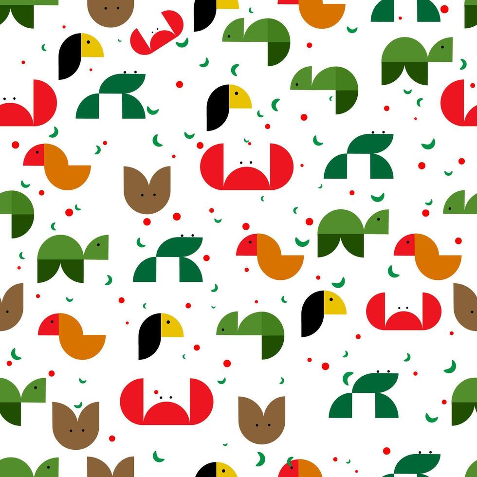seamless pattern of colorful stylized icons of birds and animals of various shapes and sizes vector