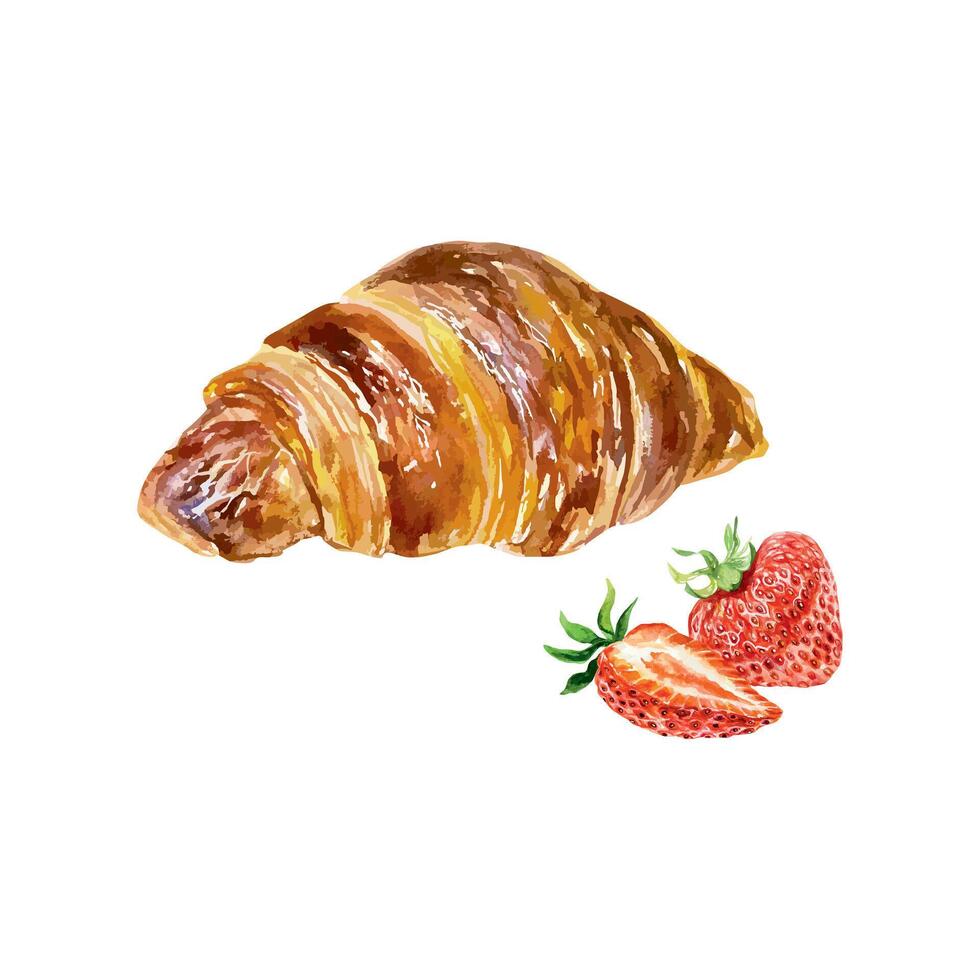 Croissant and strawberries, watercolor. Baking and berries. Food sketch. For cards, invitations, cafe menus, bakeries, confectioneries, posters, large banners. vector