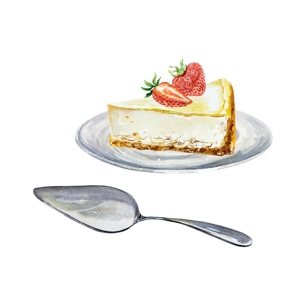 Cheesecake with strawberries on a saucer, pastry spatula. Food sketch. For cards, invitations, cafe menus, bakeries, confectioneries, posters, large banners. vector