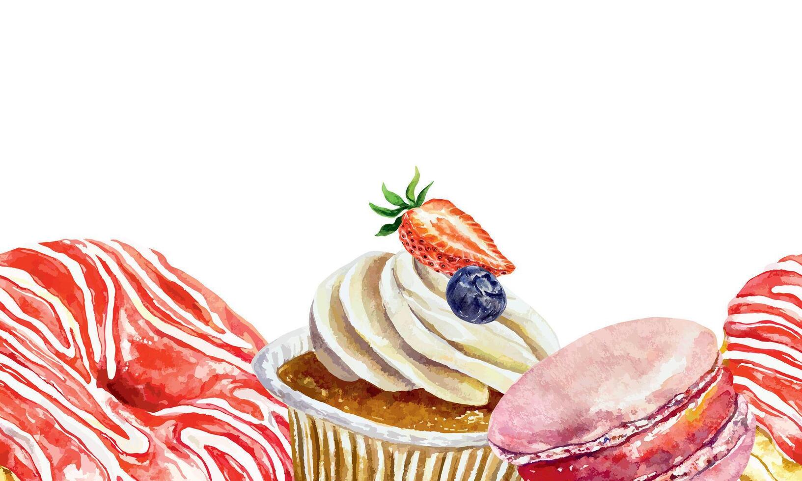 Cakes seamless border, watercolor. Donut, muffin, macaron. For cafe, bakery, confectionery menu design, wallpaper, invitations, large banners. vector