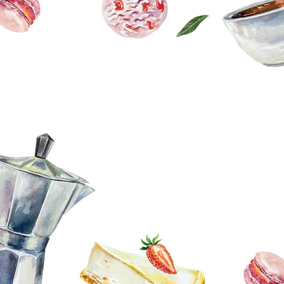 Cakes frame watercolor. Coffee maker, cup, strawberry cheesecake, macaron. Template for cafe menu, birthday cards, invitations, covers, labels, large banners. vector