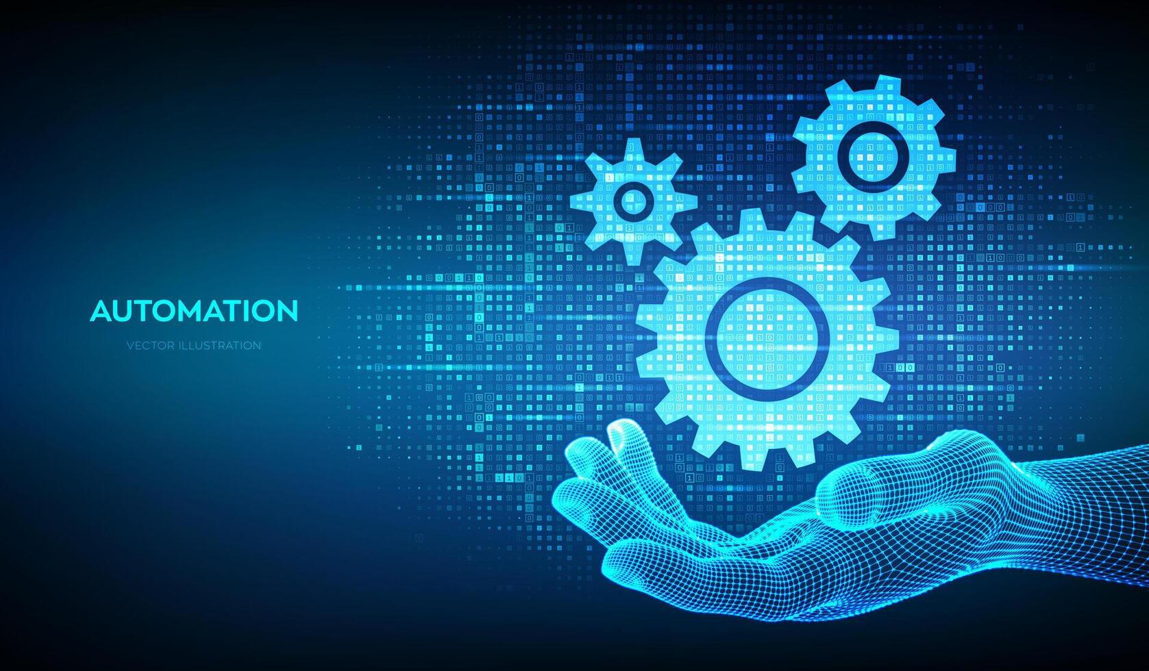 Automation and IOT software concept. Gears icons made with binary code in wireframe hand. Digital binary data and streaming digital code. Matrix background with digits 1.0. Illustration. vector
