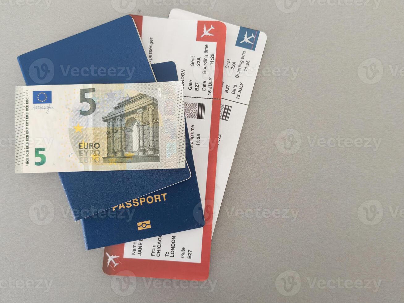 Euro, Passport and air tickets on a black background. mockup empty blank, copy space. photo