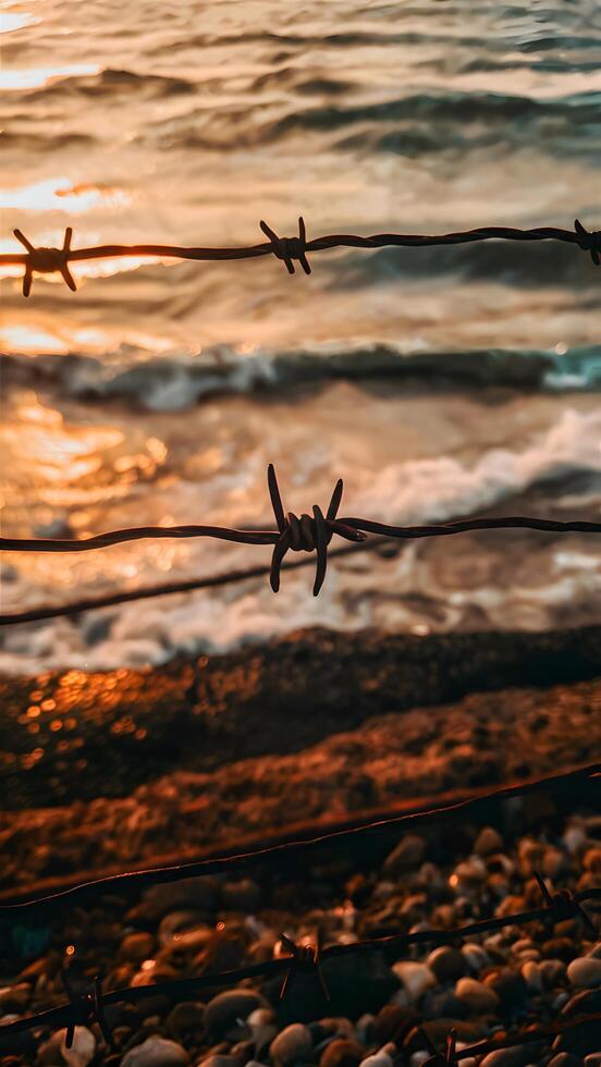 Tranquil sunset on shimmering waters with barbed wire fence, rusty backdrop Vertical Mobile Wallpaper photo