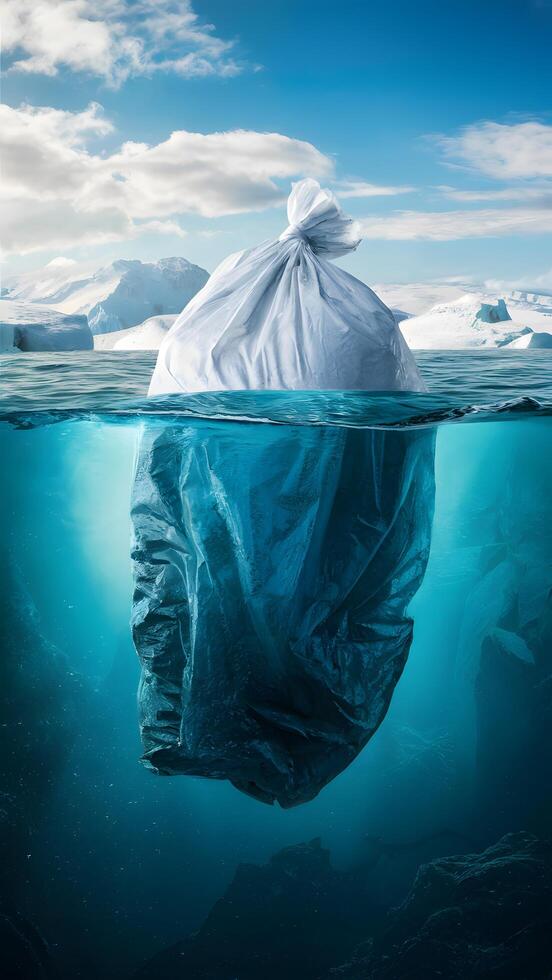 Plastic bag floating in water, half submerged, resembling iceberg, turquoise underwater scene Vertical Mobile Wallpaper photo