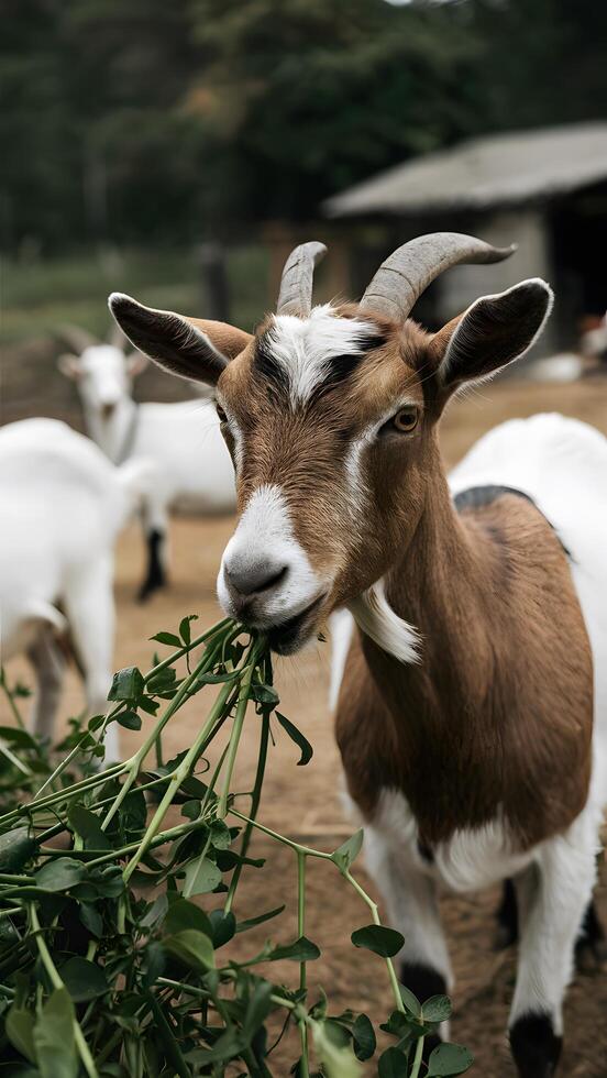 Brown goat grazing on lush green foliage in scenic rural setting with blurred background Vertical Mobile Wallpaper photo