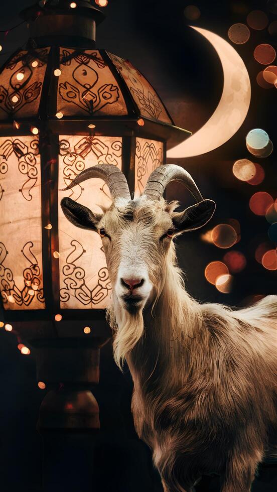 Mystical scene with golden goat, intricate lantern, ethereal glow, bokeh lights, crescent moon Vertical Mobile Wallpaper photo