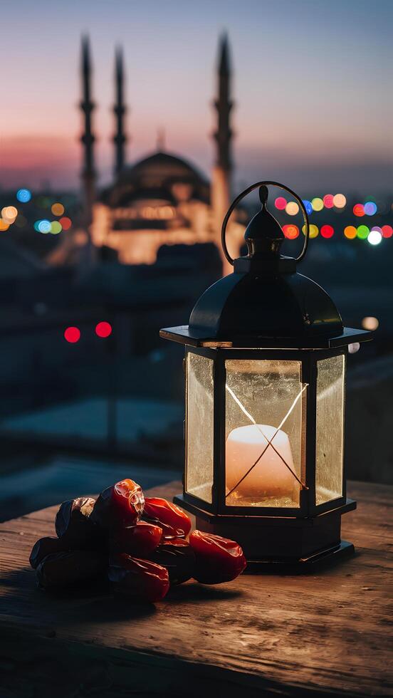 Tranquil evening scene with lantern, dates, mosque, city lights, and skyline ambiance Vertical Mobile Wallpaper photo