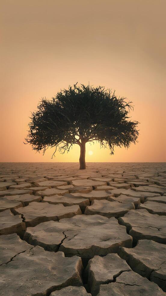 Solitary tree on parched ground under sun, creating desolate and drought stricken landscape Vertical Mobile Wallpaper photo