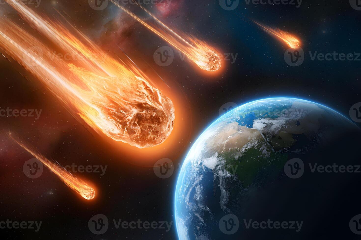 Stunning cosmic scene with meteorites and Earth like planet, surrounded by stars and nebulae photo