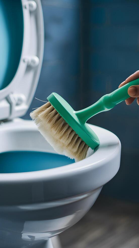 Toilet being cleaned with green brush, showcasing cleanliness and colorful interior Vertical Mobile Wallpaper photo