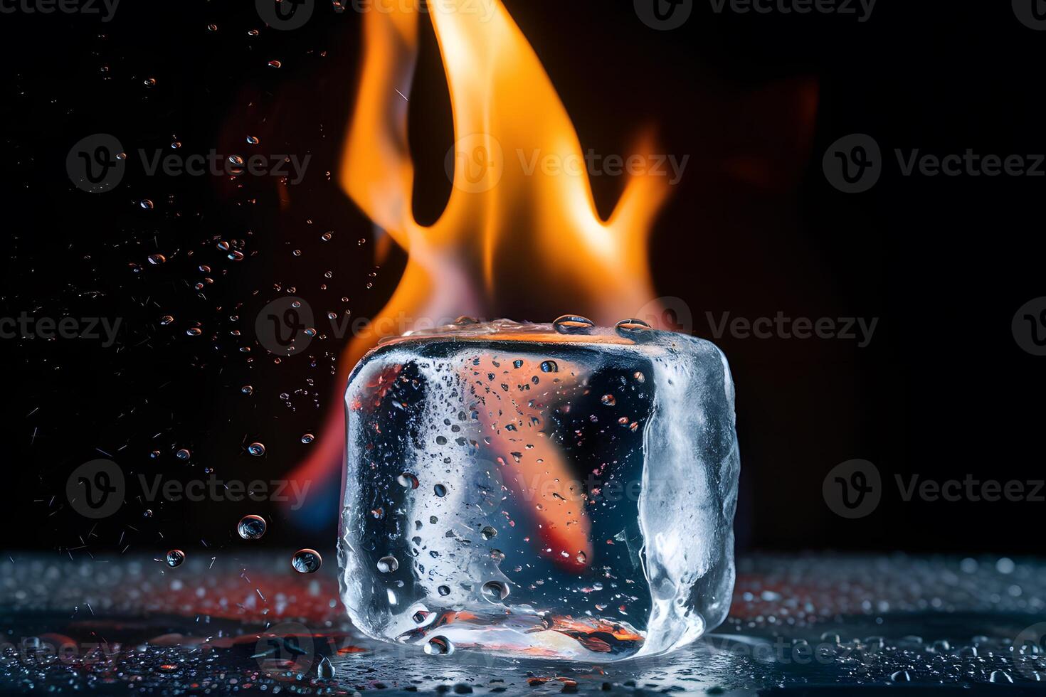 Melting ice cube on blue surface with water droplets shimmering photo