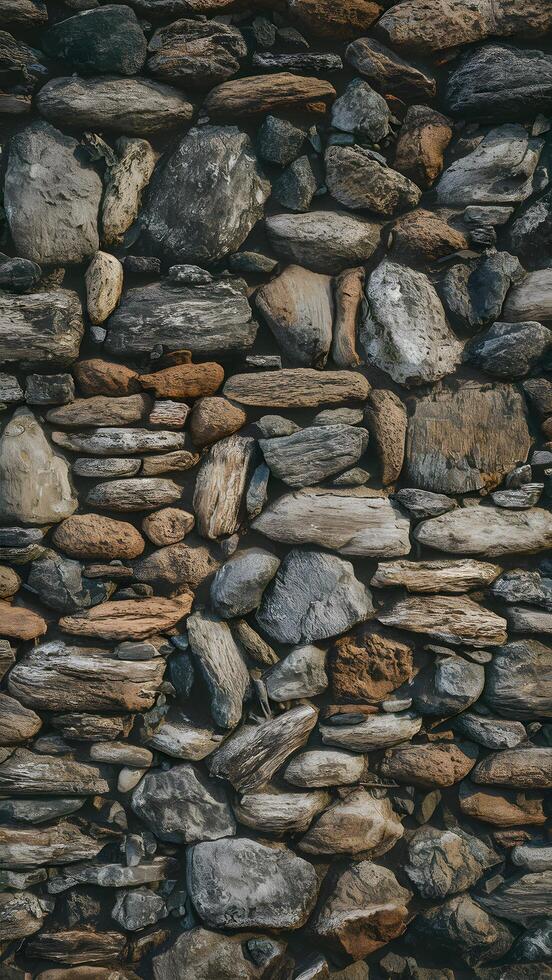 Aged stone wall with irregular shapes in grays, browns, whites oozes history and character Vertical Mobile Wallpaper photo