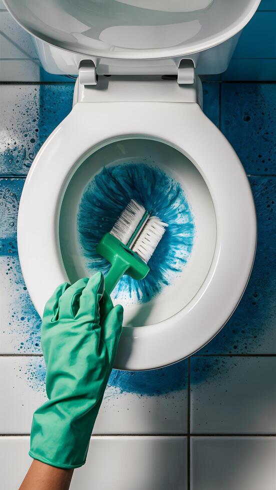 Thorough scrubbing of white toilet with blue cleaner and green brush on tile Vertical Mobile Wallpaper photo