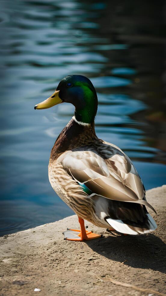 Mallard duck with vibrant green head and colorful feathers standing near calm waters Vertical Mobile Wallpaper photo