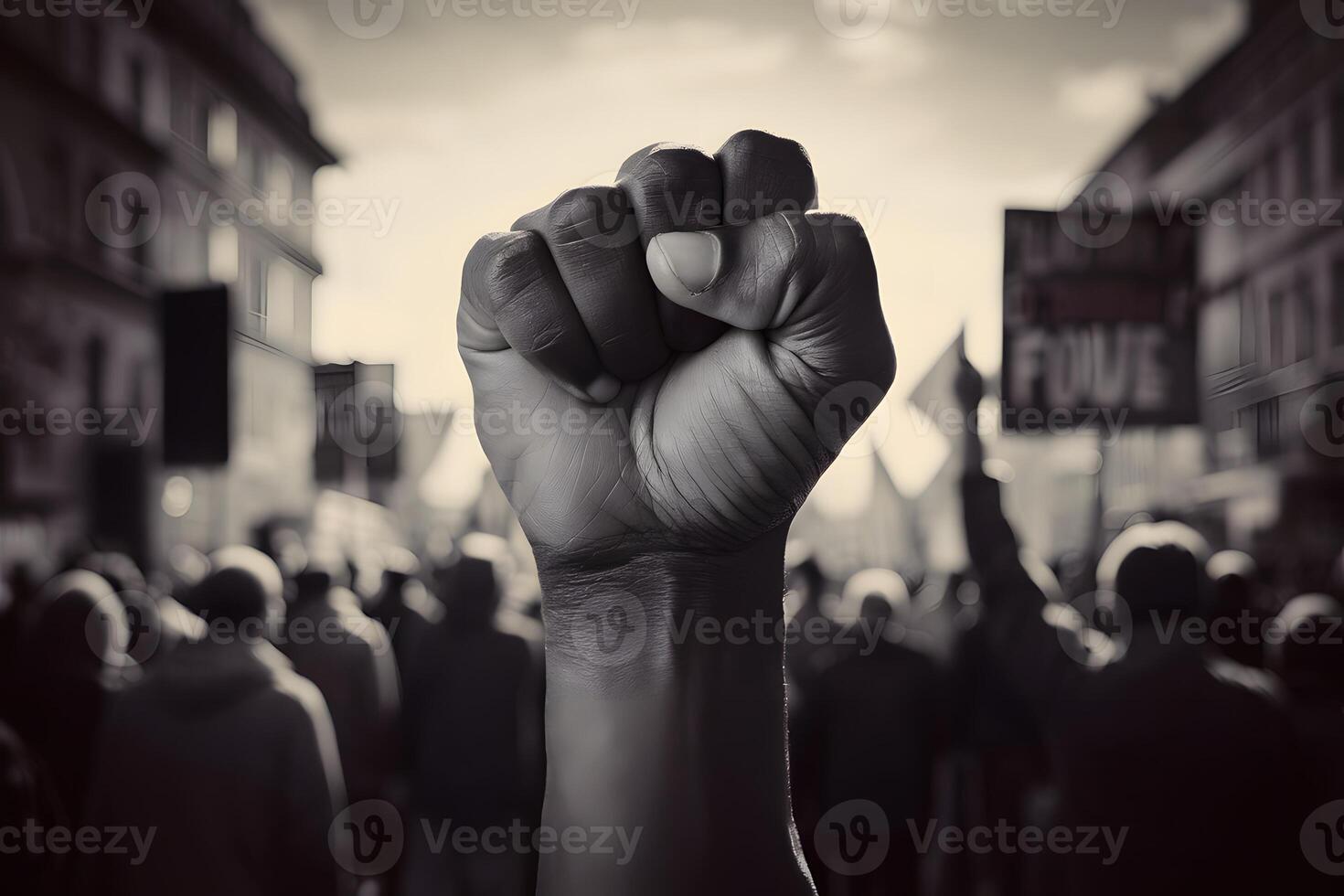 Symbol of unity and defiance, clenched fist in foreground, blurred protest backdrop photo