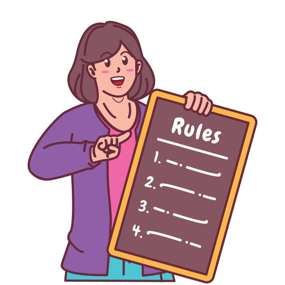 Cartoon illustration of a woman explaining a list of rules vector