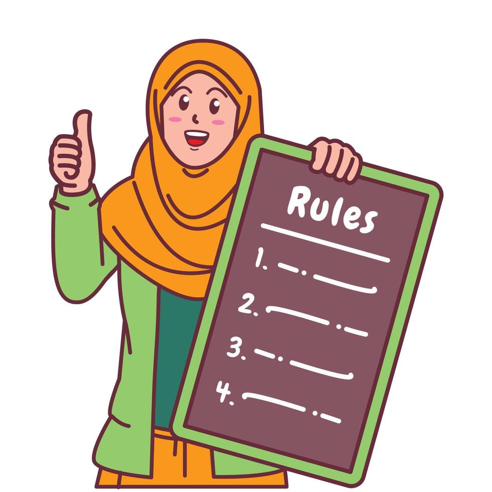 Cartoon illustration of a Muslim woman in a hijab explaining a list of rules vector
