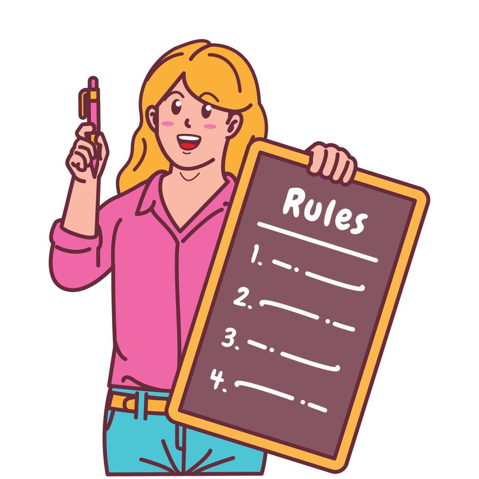 Cartoon illustration of a woman explaining a list of rules vector