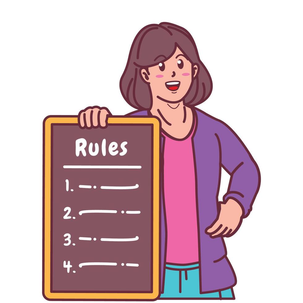Cartoon illustration of a woman explaining a list of rules vector