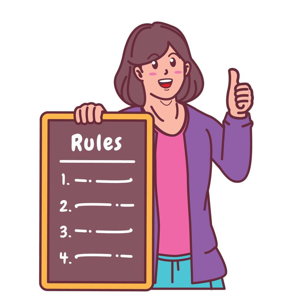 Cartoon illustration of a woman explaining a list of rules vector
