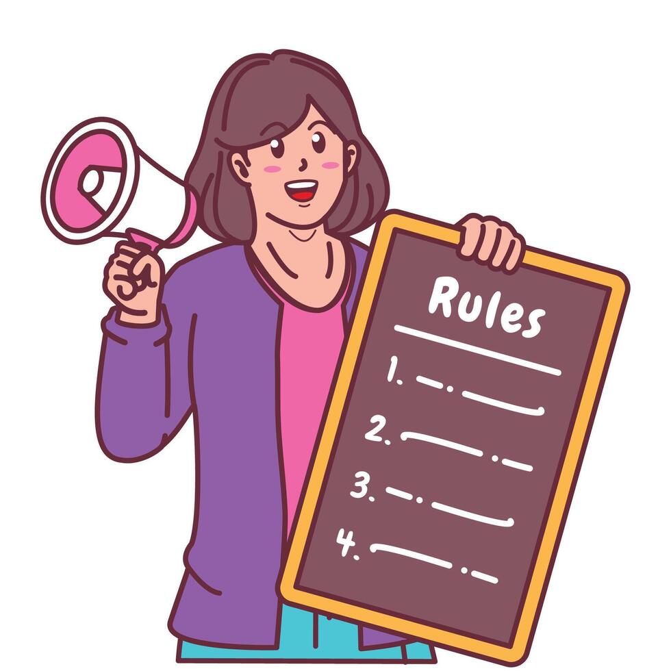 Cartoon illustration of a woman explaining a list of rules and holding a megaphone vector