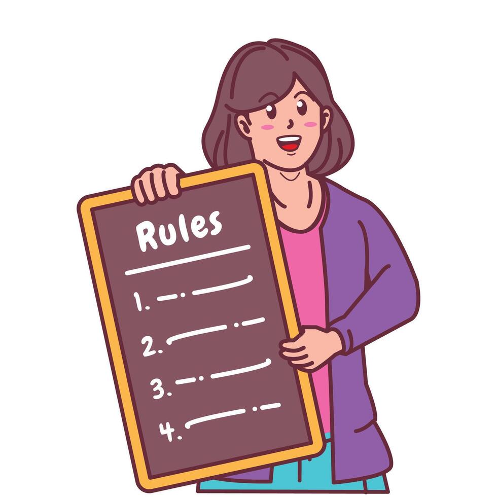 Cartoon illustration of a woman explaining a list of rules vector