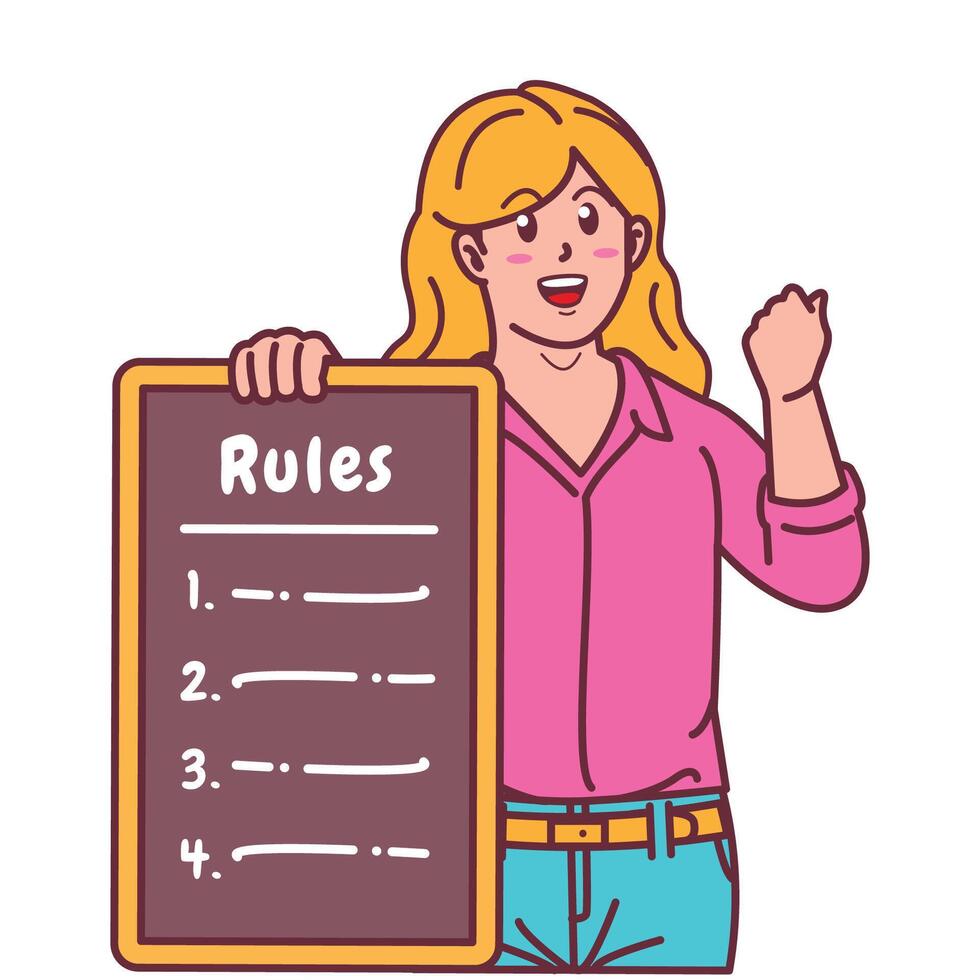 Cartoon illustration of a woman explaining a list of rules vector