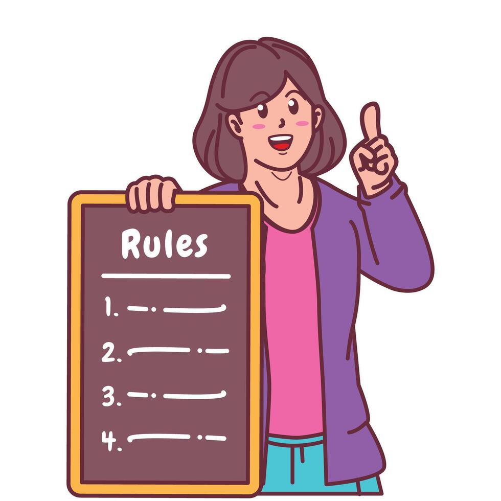 Cartoon illustration of a woman explaining a list of rules vector