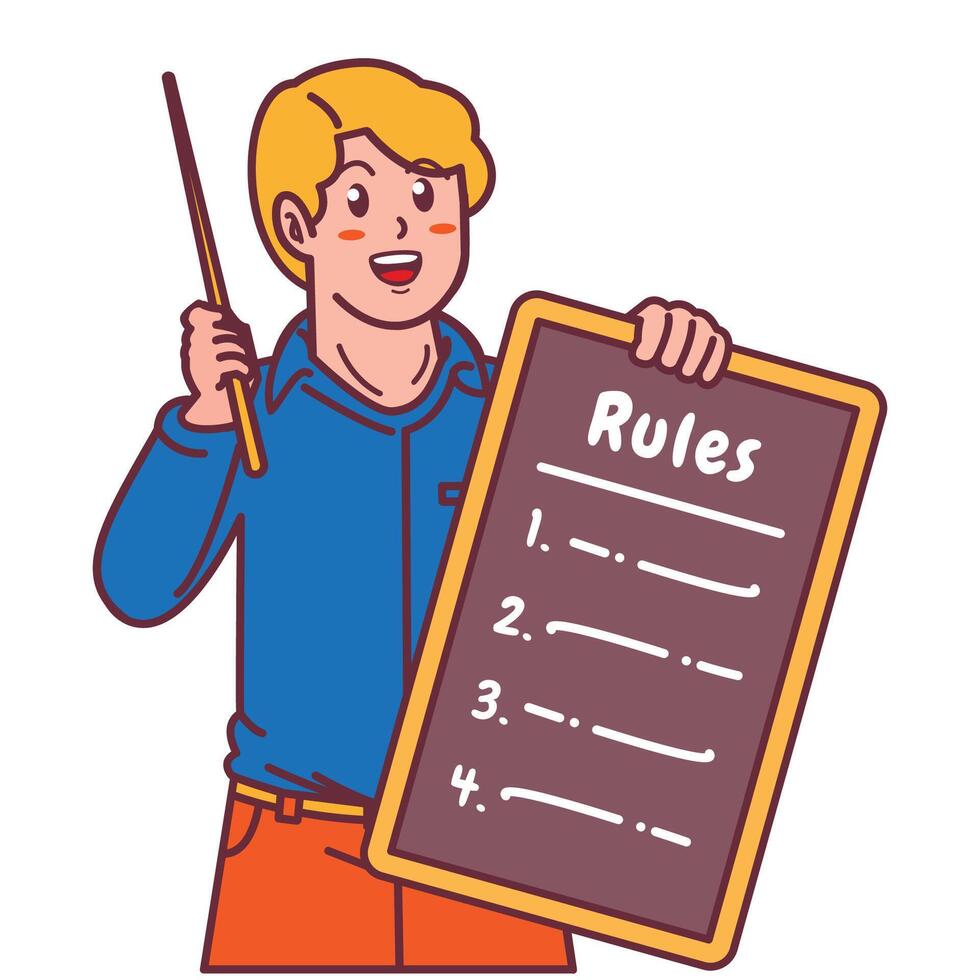 Cartoon illustration of a man explaining a list of rules vector