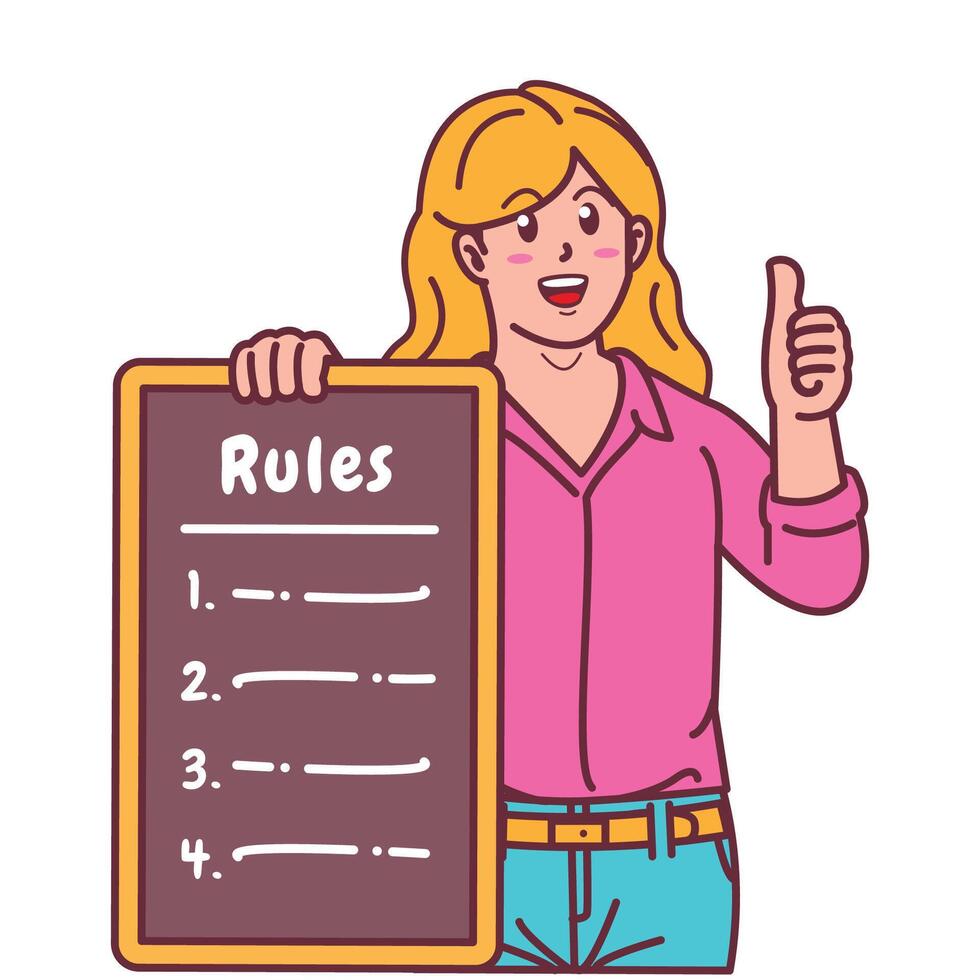 Cartoon illustration of a woman explaining a list of rules vector
