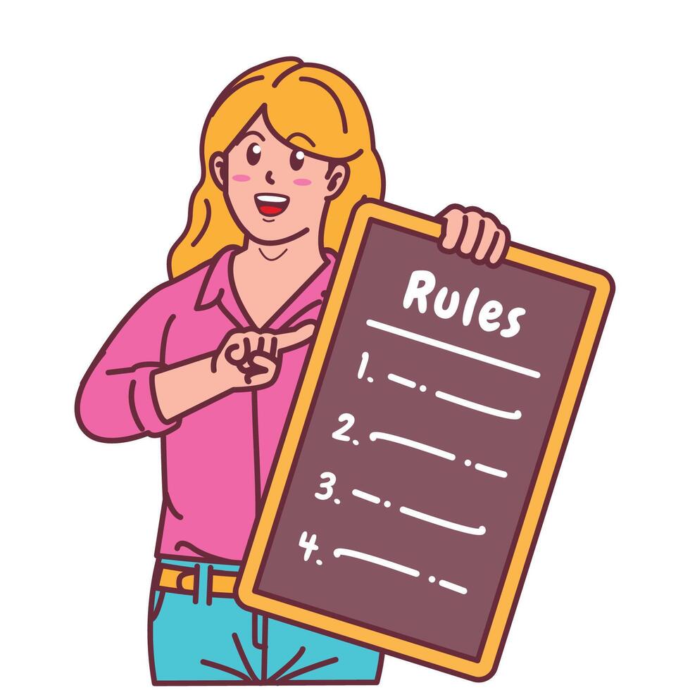 Cartoon illustration of a woman explaining a list of rules vector