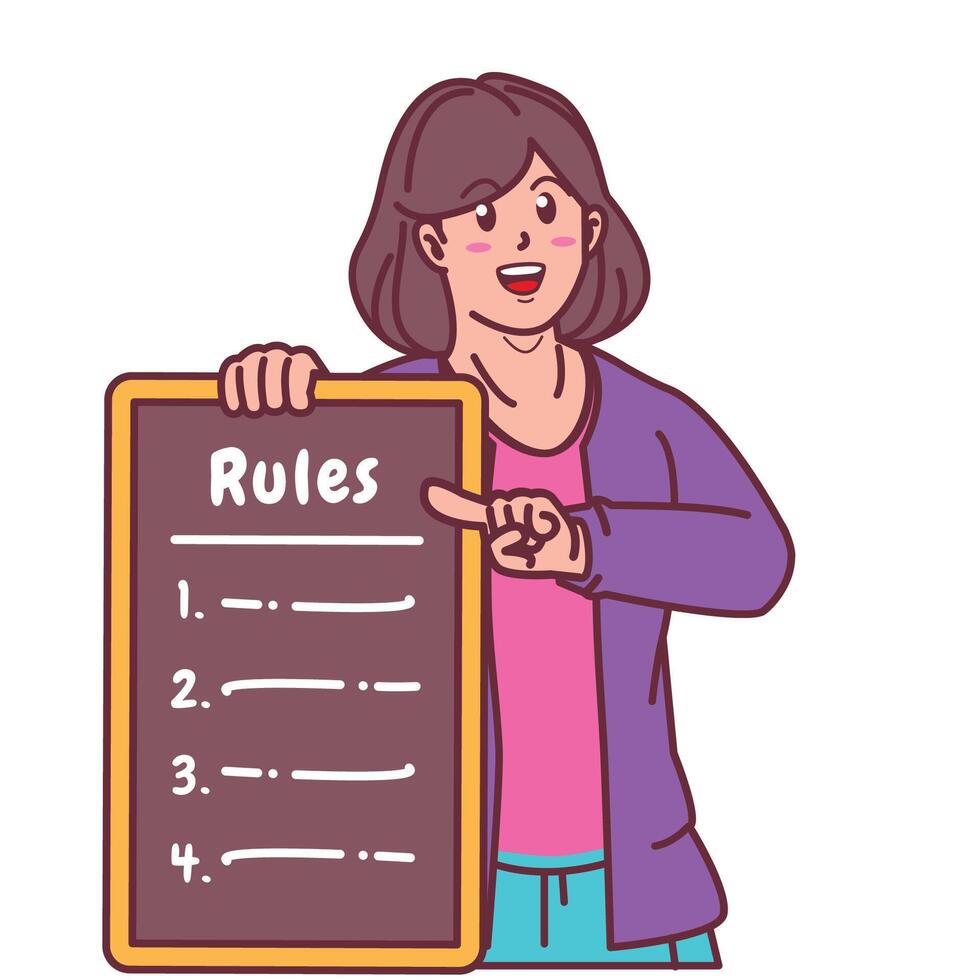 Cartoon illustration of a woman explaining a list of rules vector