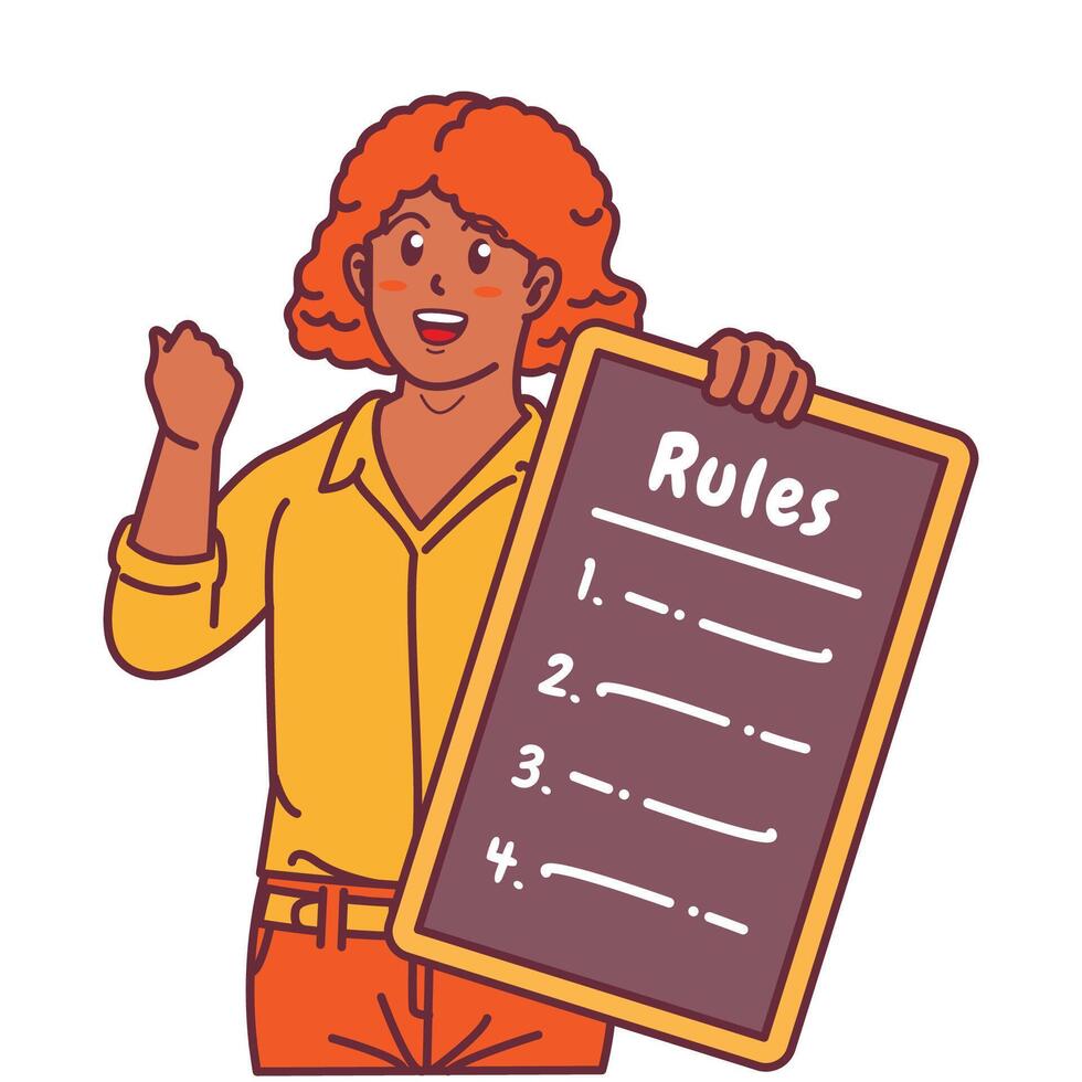 Cartoon illustration of a black woman explaining a list of rules vector