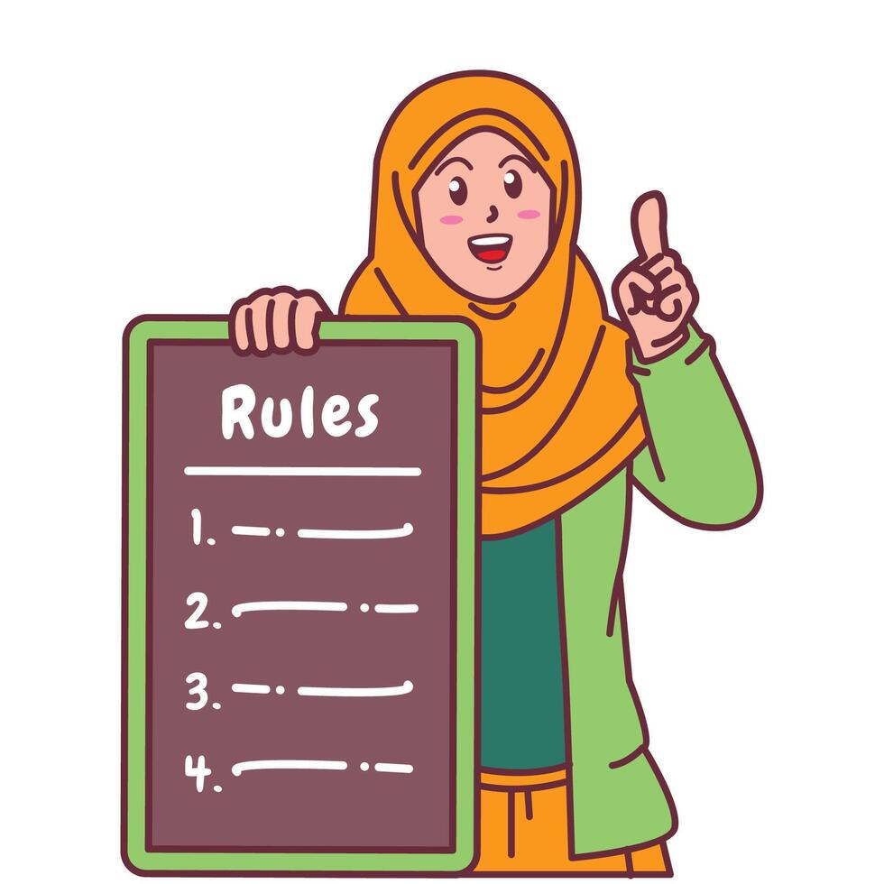 Cartoon illustration of a Muslim woman in a hijab explaining a list of rules vector