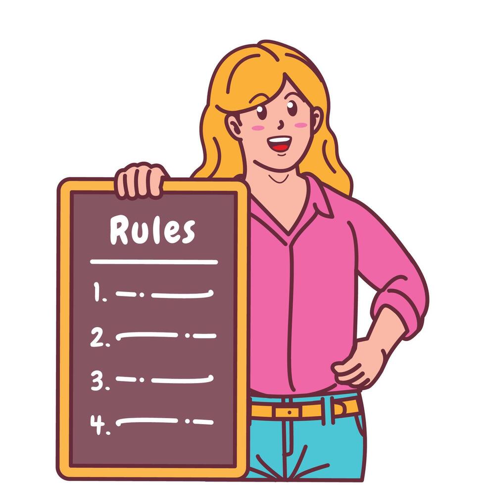 Cartoon illustration of a woman explaining a list of rules vector