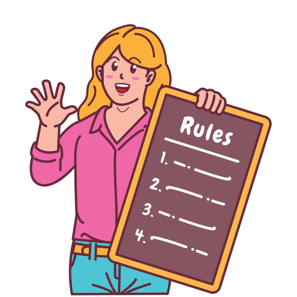 Cartoon illustration of a woman explaining a list of rules vector