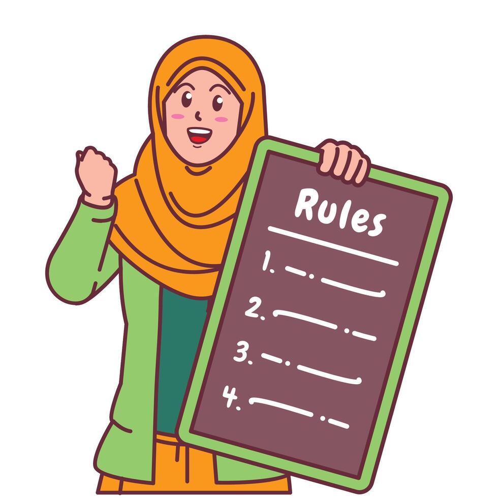 Cartoon illustration of a Muslim woman in a hijab explaining a list of rules vector