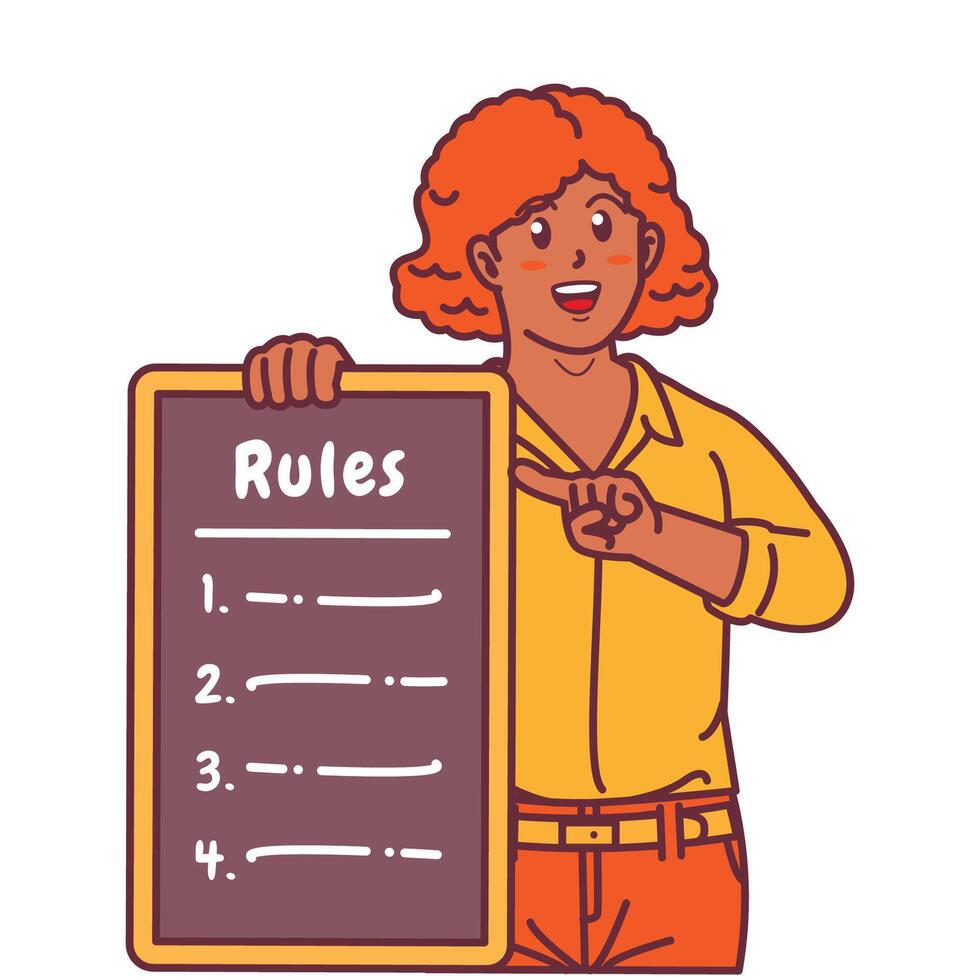 Cartoon illustration of a black woman explaining a list of rules vector