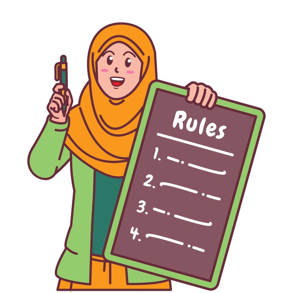 Cartoon illustration of a Muslim woman in a hijab explaining a list of rules vector