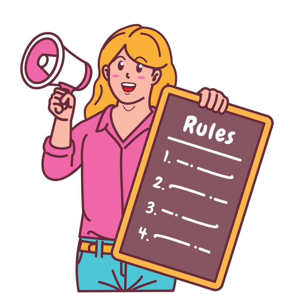 Cartoon illustration of a woman explaining a list of rules and holding a megaphone vector
